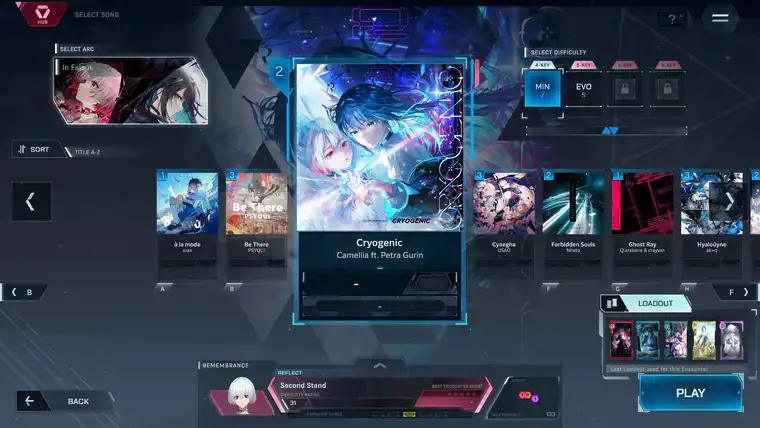In Falsus song select screen showing Cryogenic with MIN and EVO difficulties and a five-card loadout