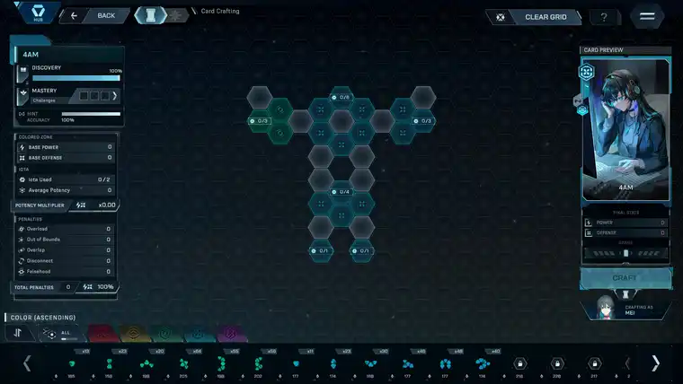 In Falsus Card Integration grid for Mei's 4AM Blueprint with coloured zones and penalty counters