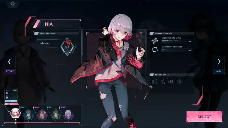 In Falsus character screen for Nia with Infusion, Expanded Iota Limit and Disconnect Tolerance skills